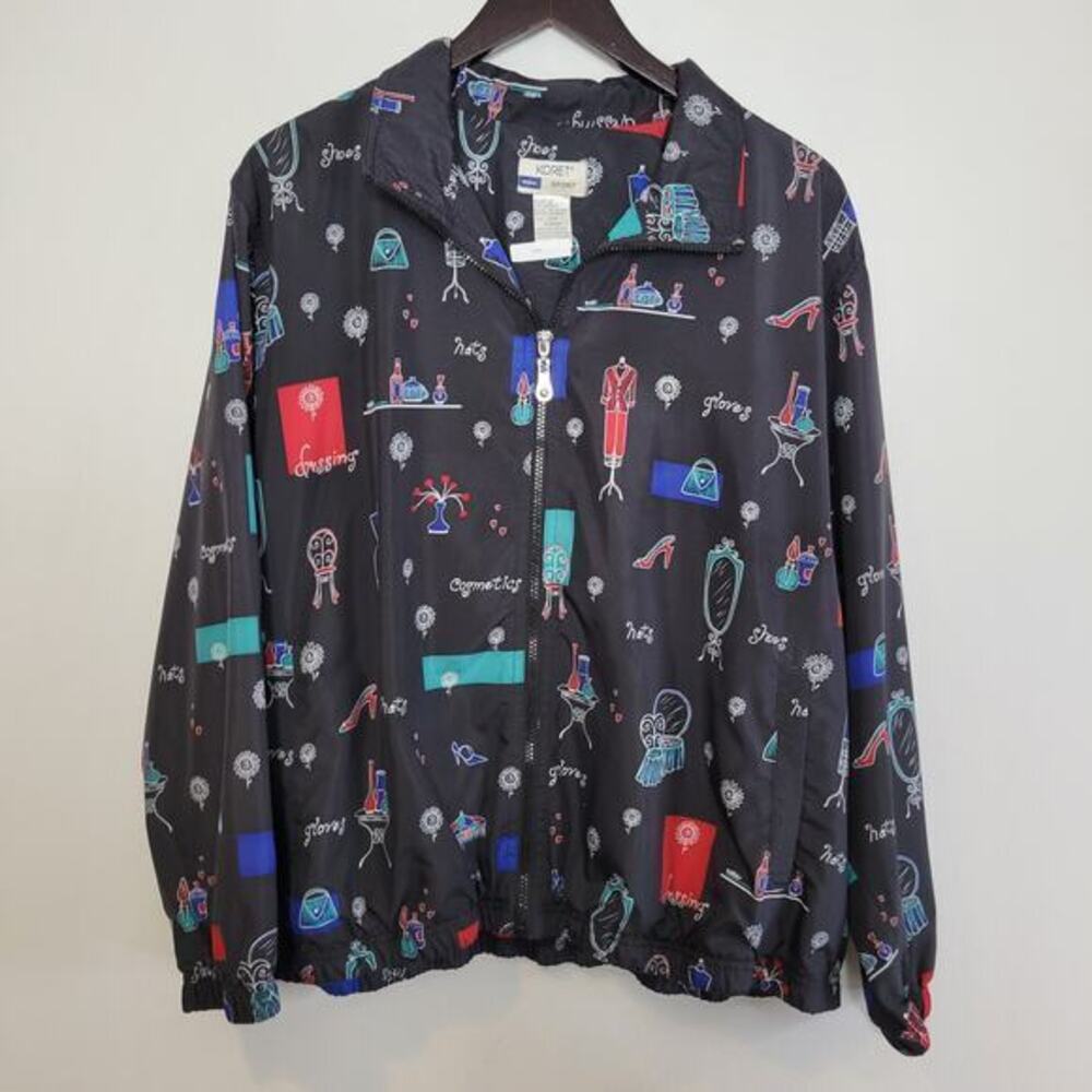 Koret Sport Women Jacket‎ Size 18W All Over Novelty Print Full Zip Black Girly